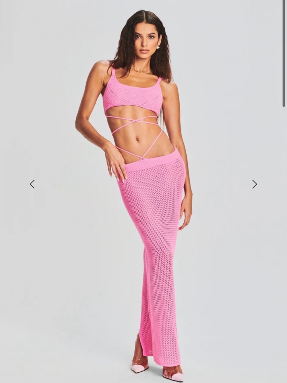 Retrofete Pink Crochet Wrap Crop Top & Maxi Skirt Set